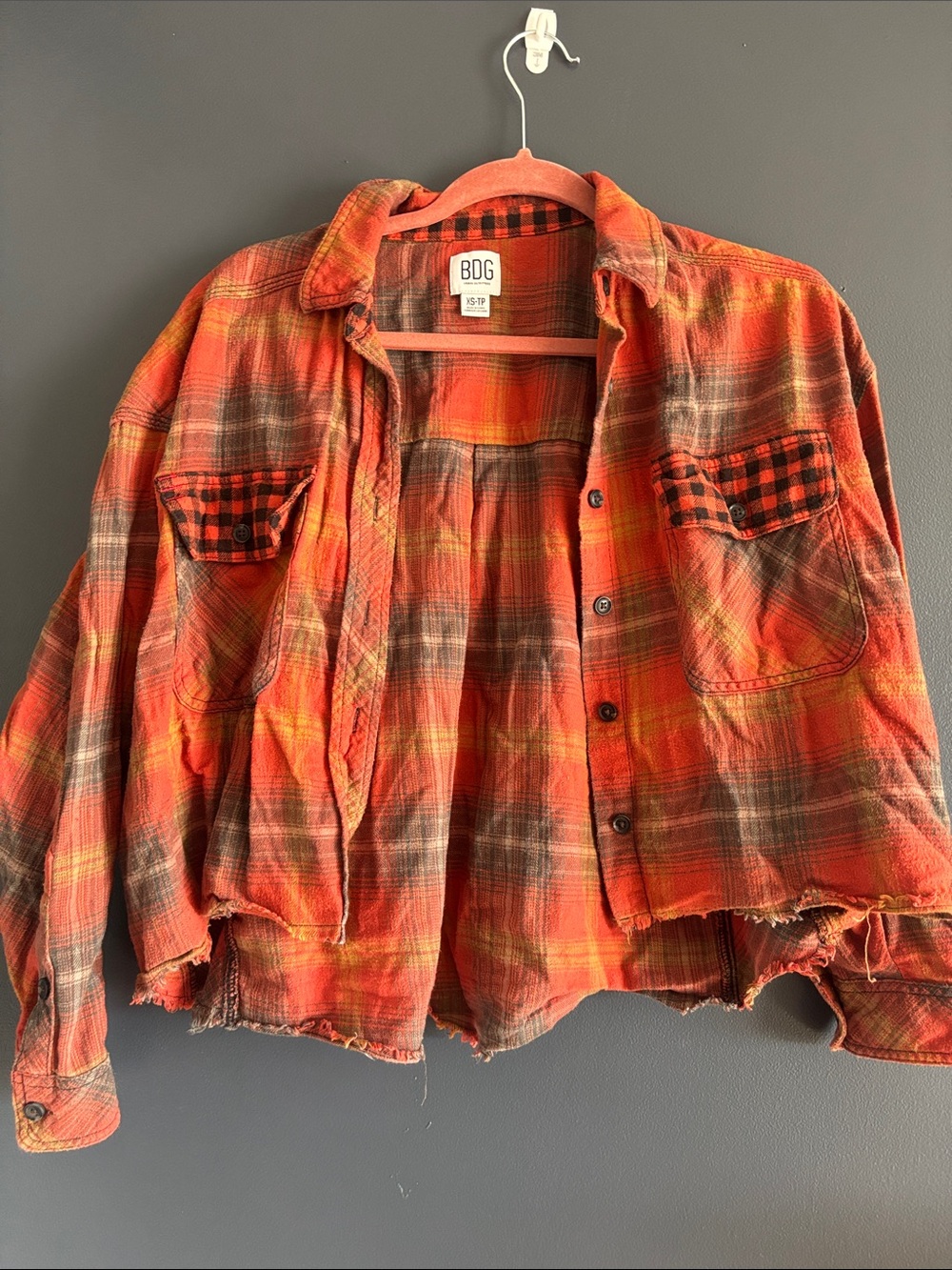 BDG Red Orange Plaid Flannel Button-Up